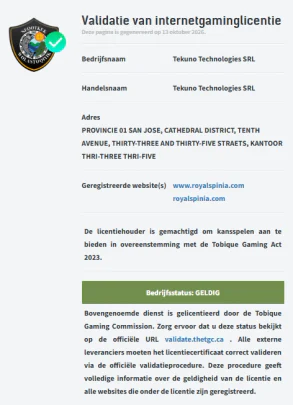 Licentievalidatie van Royal Spinia met bedrijfsnaam Tekuno Technologies SRL en status GELDIG