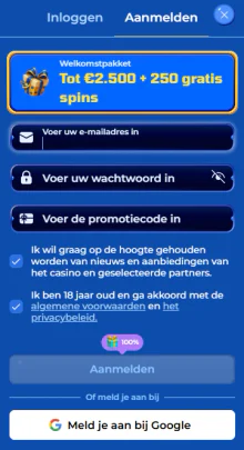 Royal Spinia-registratieformulier met welkomstpakket tot €2.500 en 250 gratis spins